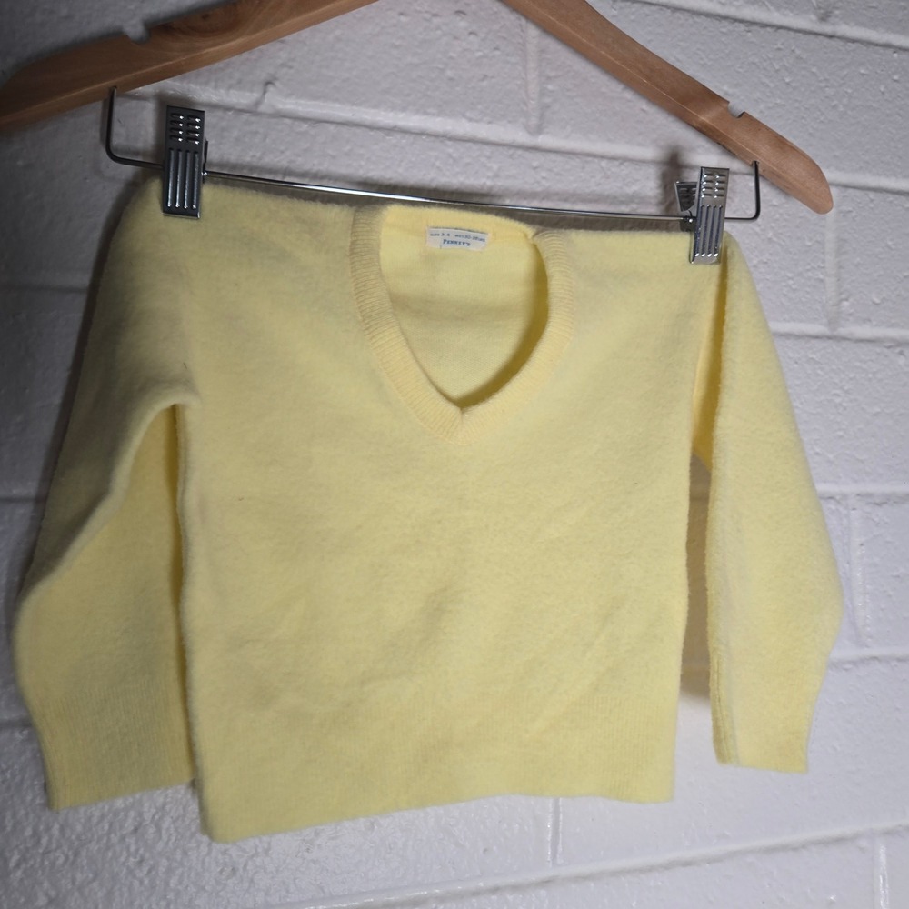 Vtg Penney's Kids Sweater V-Neck Knit Pastel Yellow Pullover 3-4 Retro 90s S